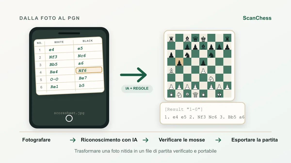Flusso ScanChess per Da immagine di scacchiera a FEN: come convertire una foto, una schermata o un diagramma