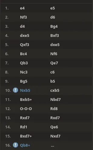 Chess.com analysis showing exclamation badges and comment text from annotated PGN