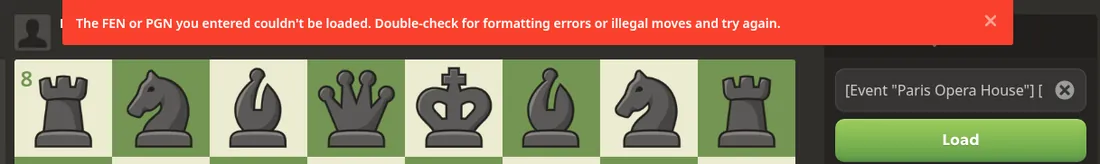 Chess.com red error banner displayed after pasting an illegal move, advising to check formatting errors or illegal moves.