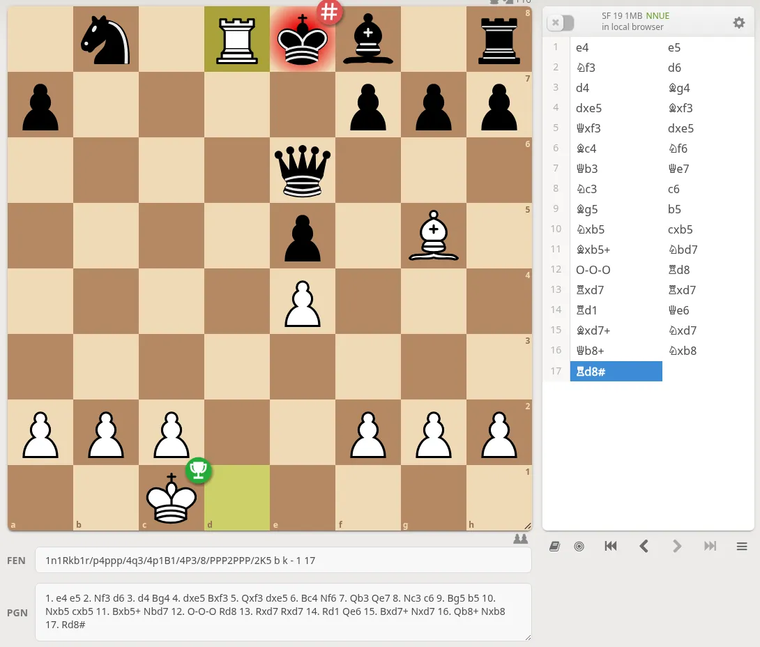 Lichess analysis screen showing the 1858 Opera Game fully imported, jumping directly to the final checkmate.