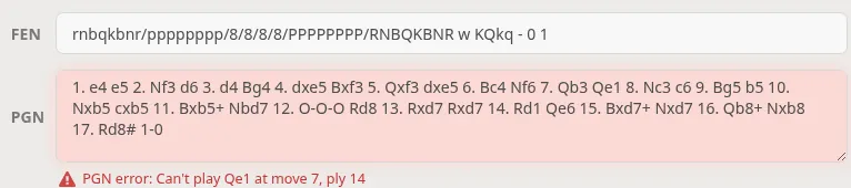 Lichess PGN field highlighted in red with the message PGN error: Can't play Qe1 at move 7, ply 14