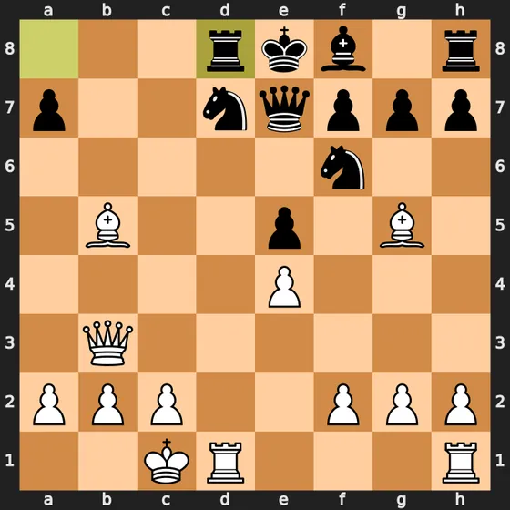 Chess board diagram of the Opera Game after 12...Rd8