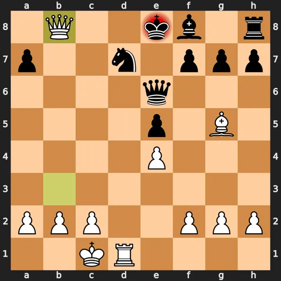 Opera Game tactical position following White's queen sacrifice on b8, deflecting the defending black knight from the back rank.