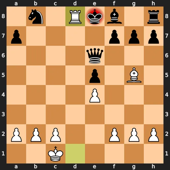 Final checkmate position of the Opera Game with White's rook delivering mate on d8 supported by the bishop.