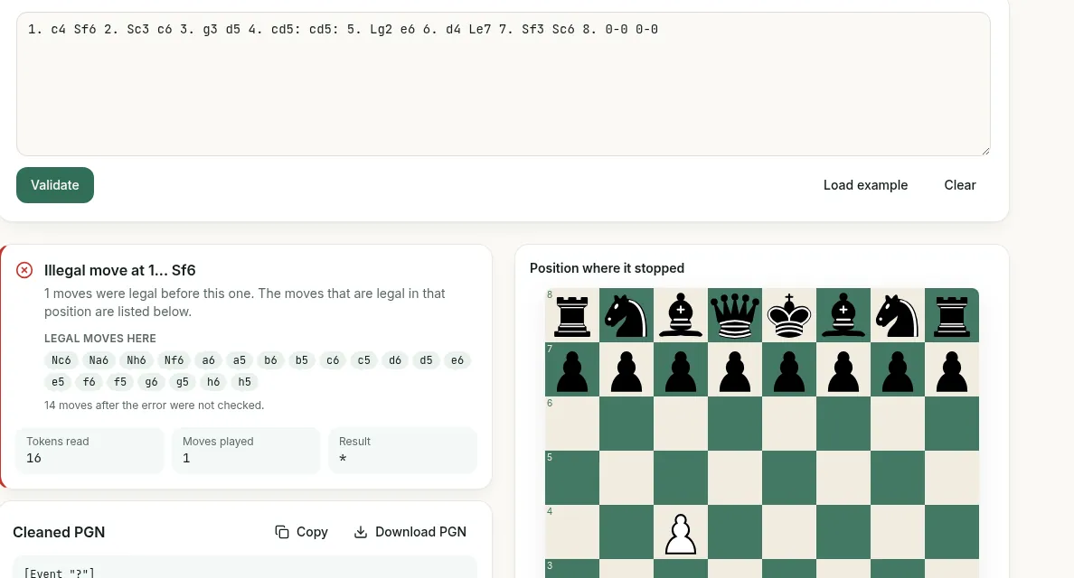 ScanChess PGN validator flagging German piece letter Sf6 as an illegal move