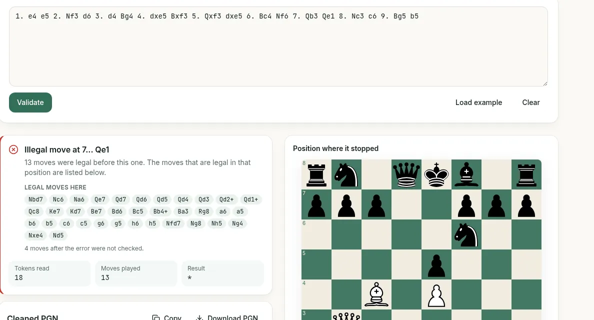 ScanChess PGN validator error report identifying an illegal move at 7... Qe1 and listing all legal alternatives.