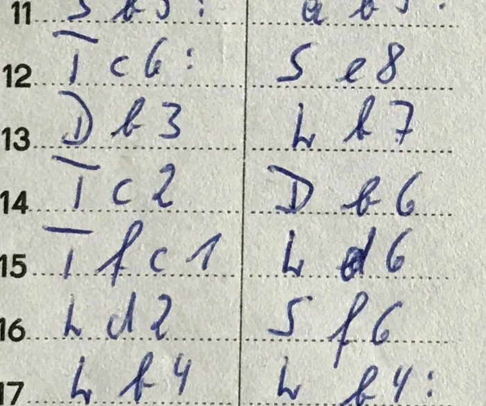Moves 11 to 17 of the 1973 German scoresheet showing handwritten German notation and colon capture markers.