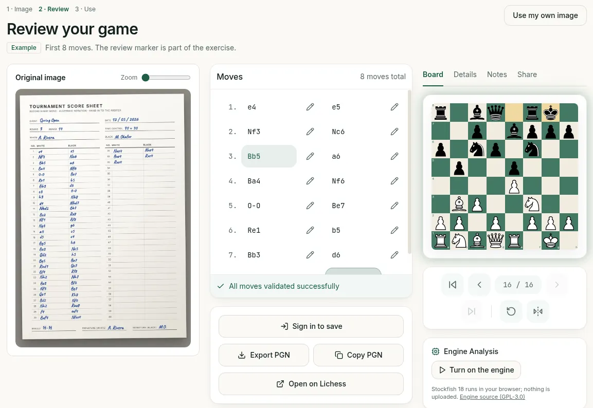 ScanChess Review screen showing the preloaded example