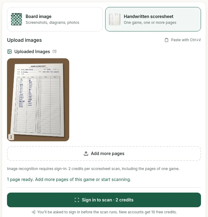 ScanChess upload screen requiring sign-in to scan